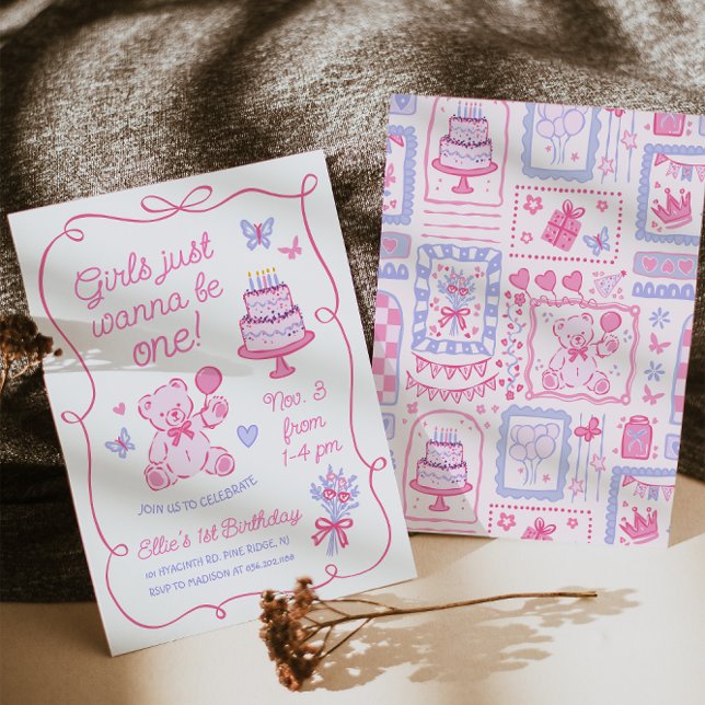 Invitation Coquette Whimsical Ourson Teddy Main rose dessinée (Créateur téléchargé)