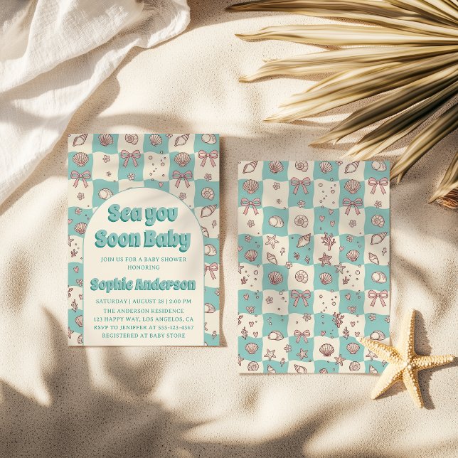 Invitation Coquillage à arc en damier sarcelle Baby Shower (Créateur téléchargé)