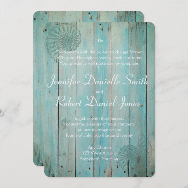 Invitation Coquillage bleu sur Wood Beach Mariage (Devant / Derrière)