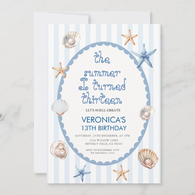 Invitation Coquillage Bleu The Summer I Turned Thirteen anniv (Devant)
