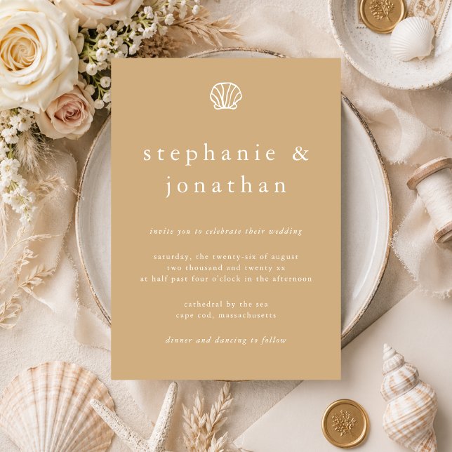 Invitation Coquillage de mer Sable de plage Brun Minimal Mari (Créateur téléchargé)