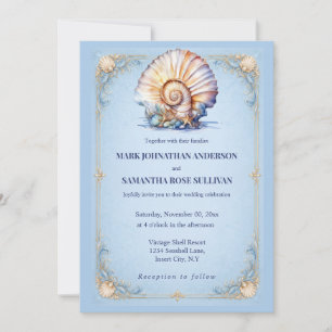 Invitation Coquillage de plage bleu ivoire mariage élégant na