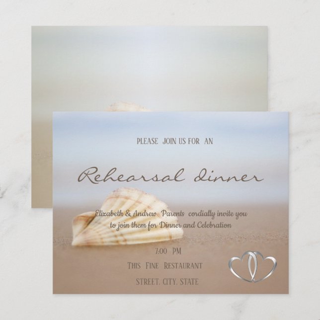 Invitation Coquillage de plage, cœurs  Dîner de répétition (Devant / Derrière)