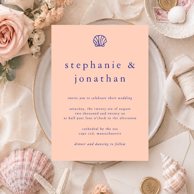 Invitation Coquillage de plage côtier rose bleu marine mariag (Créateur téléchargé)