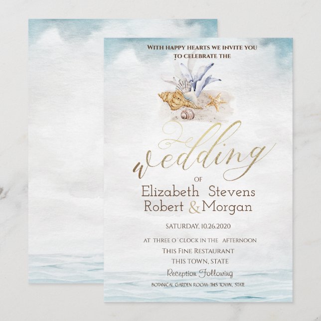 Invitation Coquillages à l'aquarelle,Mariage sur la mer (Devant / Derrière)