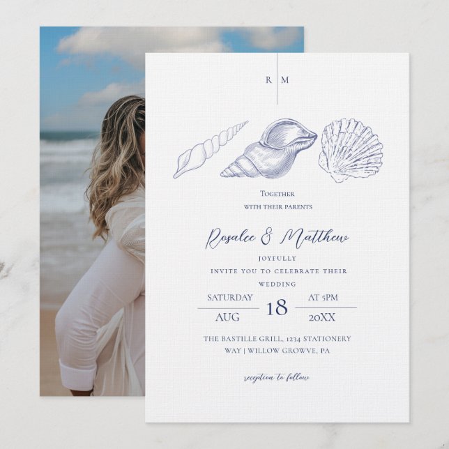 Invitation Coquillages Bleu & Blanc Mariage Élégant de Style  (Devant / Derrière)