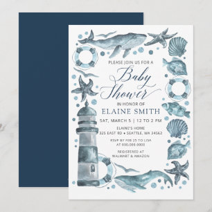 Invitation Coquillages bleus Océan Mer Plage Baby Shower