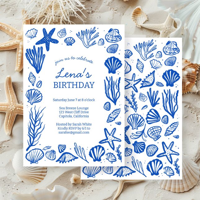 Invitation Coquillages Cadre Anniversaire Fête Blue Beach PER (Seashells Frame Birthday Party Blue Beach CUSTOM Invitation
)