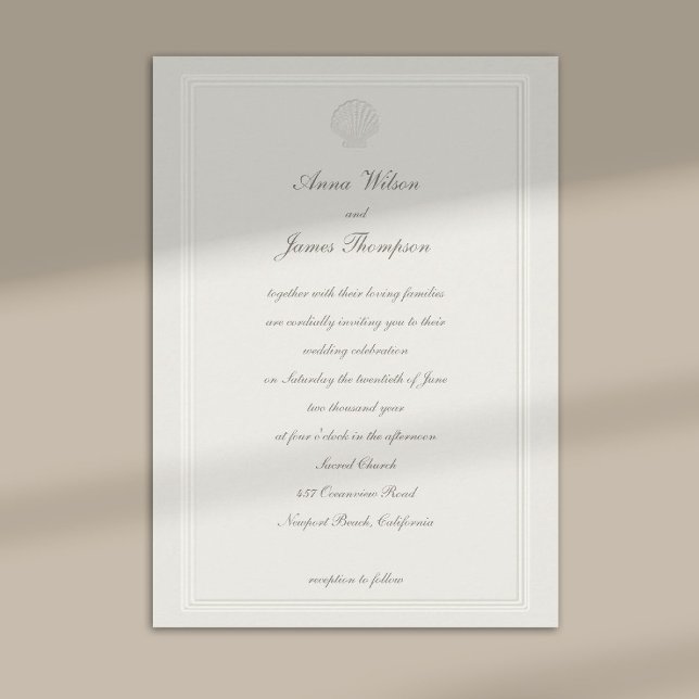 Invitation Coquillages de mer côtiers Écru Formel Mariage (nautical coastal wedding invitation modern classic formal traditional elegant shell ecru frame)