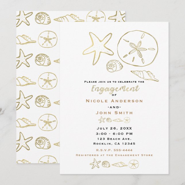 Invitation Coquillages de Mer Look Doré Chic Fiançailles de P (Devant / Derrière)