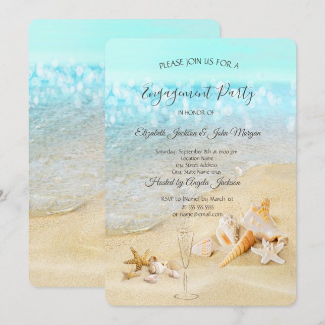 Invitation Coquillages de plage Verre à vin de sable Engageme (Devant / Derrière)