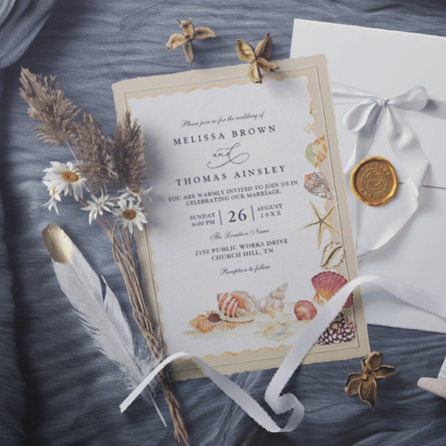 Invitation Coquillages élégants Plage Sable de mer Mariage mo (Créateur téléchargé)
