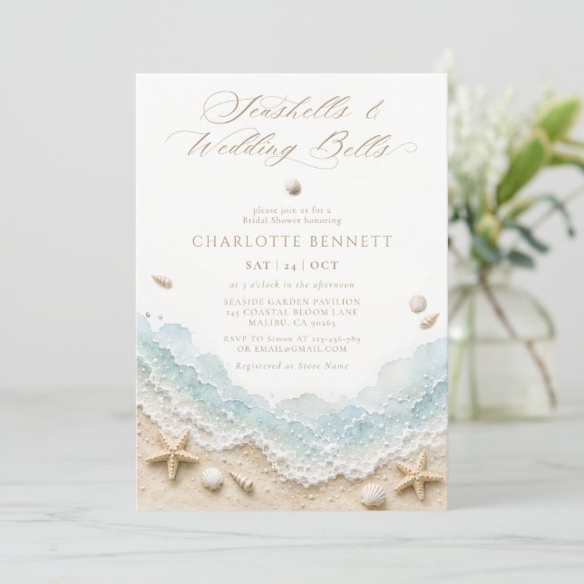Invitation Coquillages et Cloches de Mariage Réception de Mar (Debout devant)