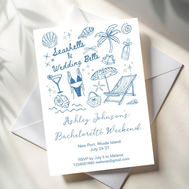 Invitation Coquillages et cloches de mariage Week-end d'enter (Seashells and wedding bells Bachelorette weekend party itinerary Invitation cards template)