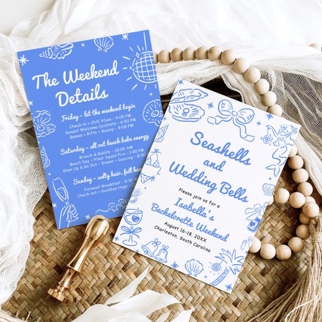 Invitation Coquillages et Cloches de Mariage Week-end Enterre (Seashells and Wedding Bells Blue Coastal Bachelorette Weekend Invitation)