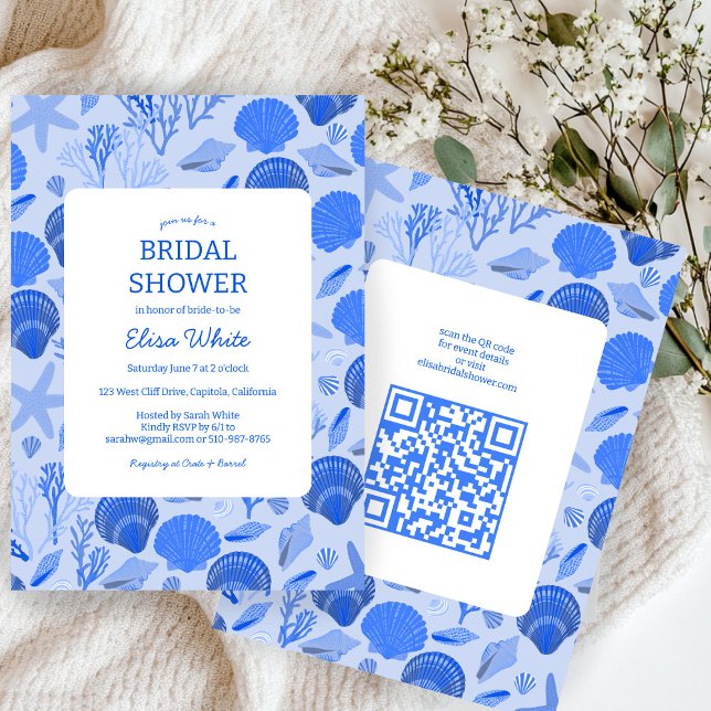 Invitation Coquillages Fête des mariées Chic Blue Beach CUSTO (Seashells Bridal Shower Chic Blue Beach CUSTOM QR Invitation
)