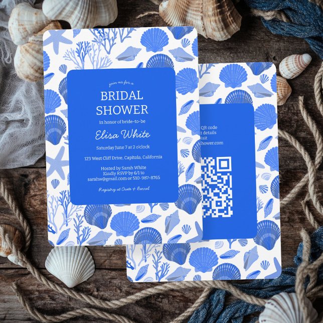 Invitation Coquillages Fête des mariées Chic Blue Beach CUSTO (Seashells Bridal Shower Chic Blue Beach CUSTOM QR Invitation
)