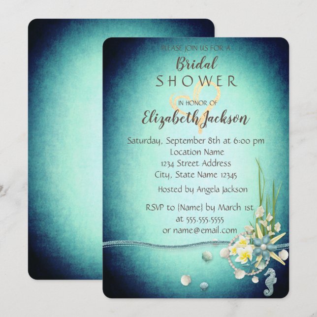 Invitation Coquillages, Fleurs, Mariage Thème Cœur Doré (Devant / Derrière)