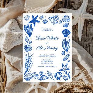 Invitation Coquillages Frame Beach Wedding Blue CUSTOM