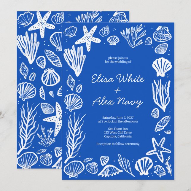 Invitation Coquillages Frame Beach Wedding Blue CUSTOM (Devant / Derrière)