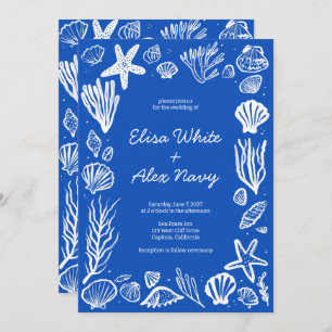Invitation Coquillages Frame Beach Wedding Blue CUSTOM
