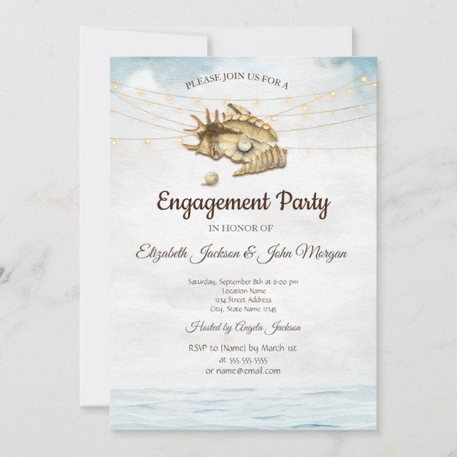 Invitation Coquillages,Mer,Guirlande de lumières Script Fianç (Devant)