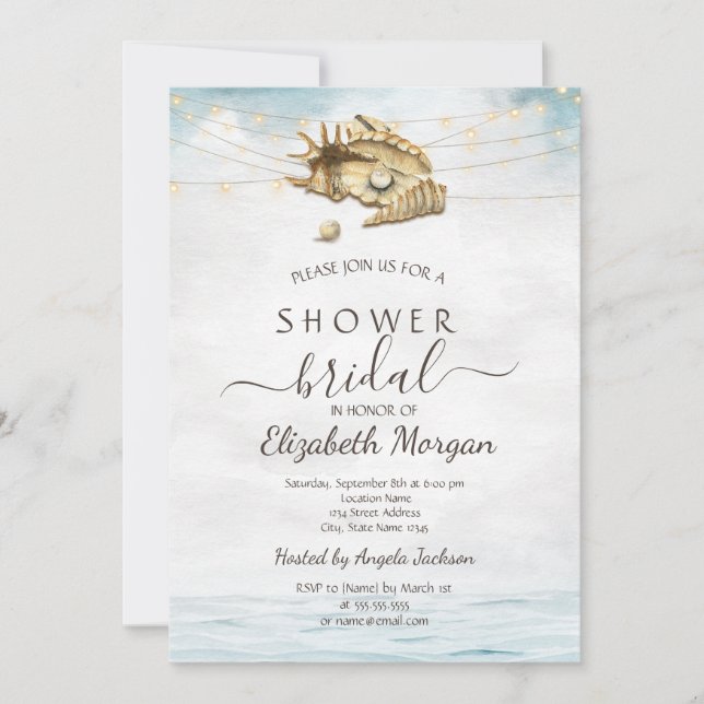 Invitation Coquillages, Mer, Guirlande Lumineuse Script Baby  (Devant)