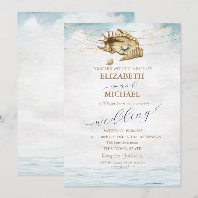 Invitation Coquillages,Mer,Lumières de chaîne de mariage de s (Devant / Derrière)