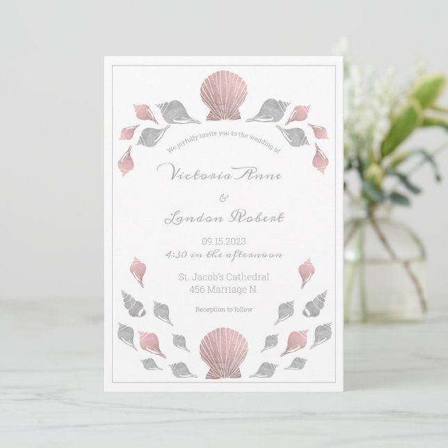 Invitation Coquillages métalliques rose Argent Plage Mariage (Debout devant)