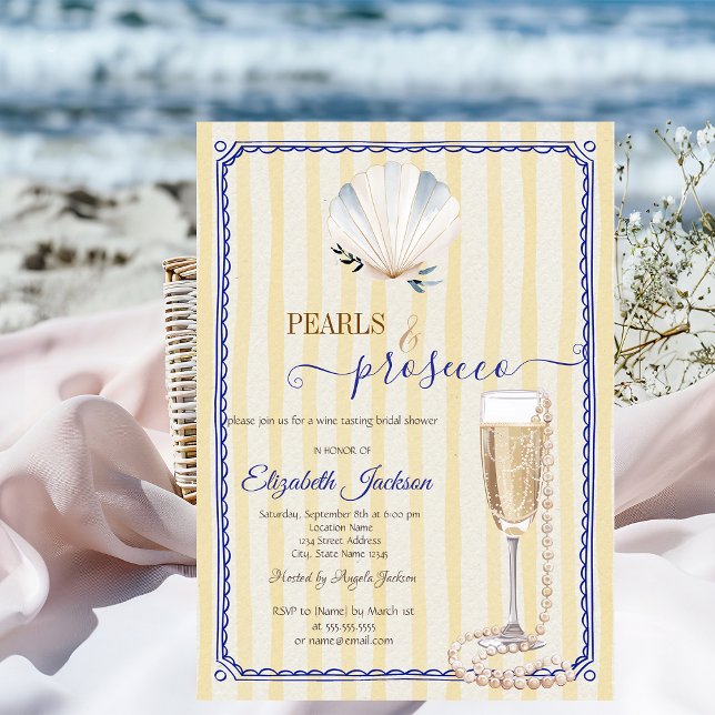 Invitation Coquillages Perles & Prosecco Rayures Jaunes (Créateur téléchargé)