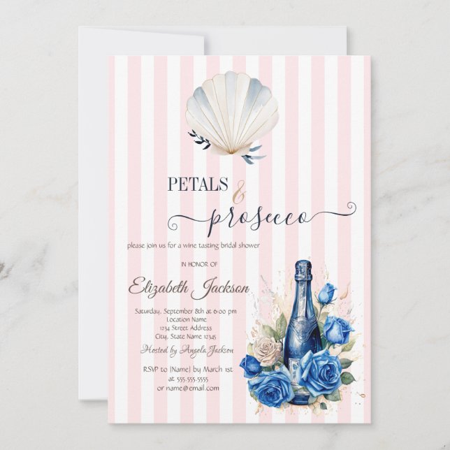 Invitation Coquillages Pétales & Prosecco Rayures Roses (Devant)