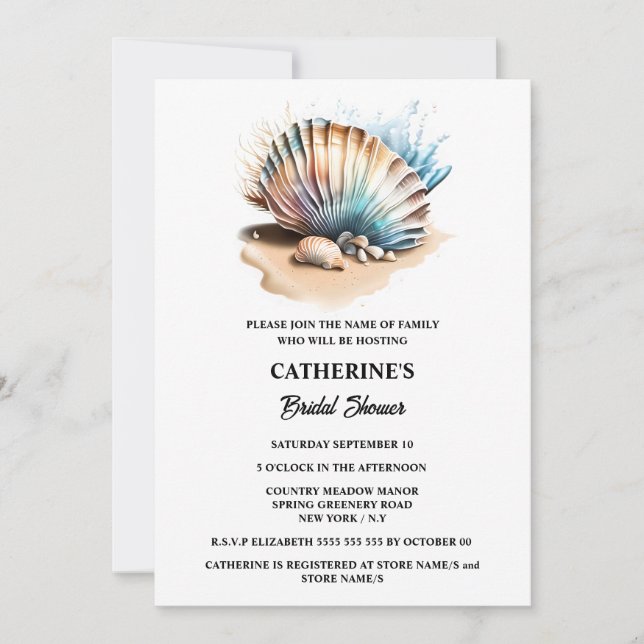 Invitation Coquillages plage de sable nautique irisé chic (Devant)