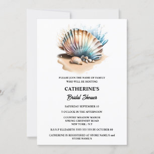 Invitation Coquillages plage de sable nautique irisé chic