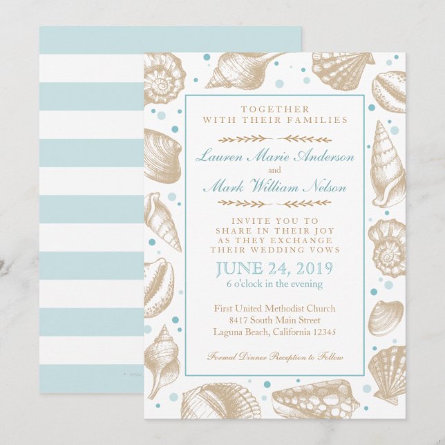 Invitation Coquillages Plage nautique Mariage Aqua/Tan (Devant / Derrière)