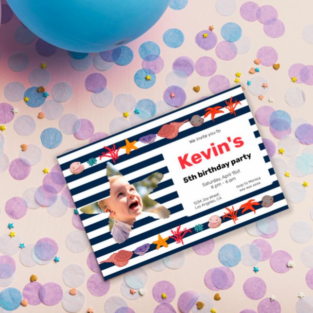 Invitation Coquillages, Starfish & Coral sur les rayures naut (Créateur téléchargé)