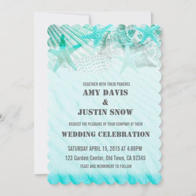 Invitation Coquillages turquoise sable étoile mariage invite (Devant)