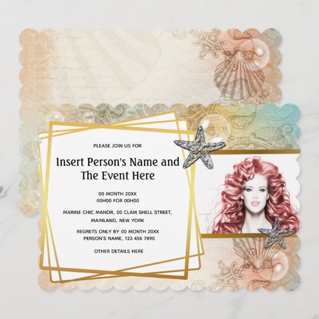 Invitation Coquille d'étoile de mer géométrique or fête photo (Devant / Derrière)