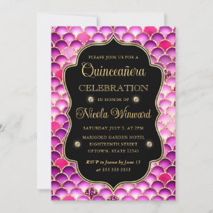 Invitation Coquille en Écailles de Sirène Rose Quinceanera Or