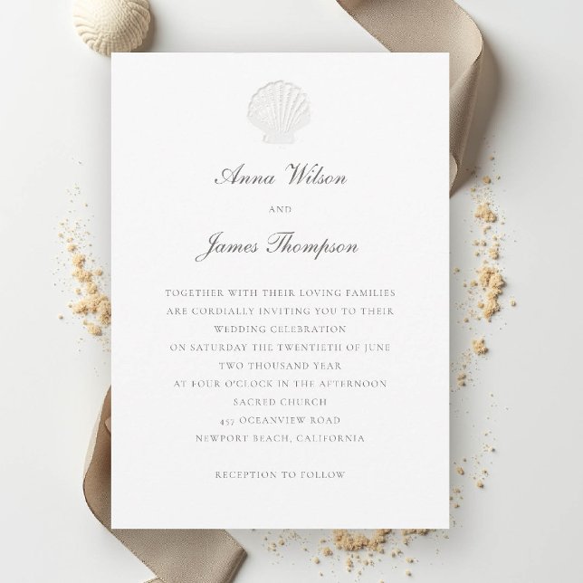 Invitation Coquille nautique côtière classique Mariage pur (nautical coastal wedding invitation modern classic formal traditional elegant shell pure white)