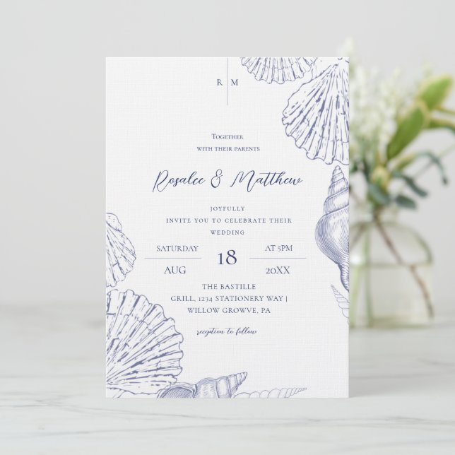 Invitation Coquilles Bleues et Blanches Mariage Élégant de St (Debout devant)
