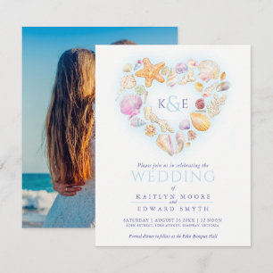 Invitation Coquilles de mer aquarelle coeur plage bleu