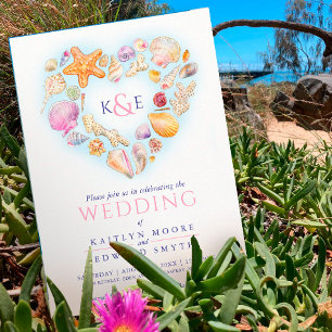 Invitation Coquilles de mer aquarelle coeur plage mariage ros