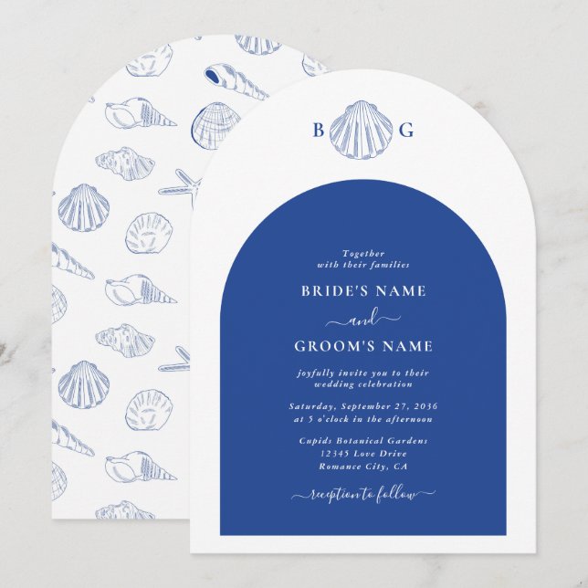 Invitation Coquilles Saint-Jacques bleues Mariage sur la plag (Devant / Derrière)