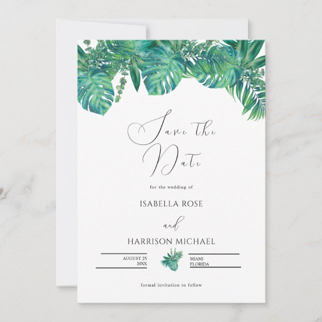 Invitation CORA Tropical Beach Palm Leaf Save the Date  (Devant)