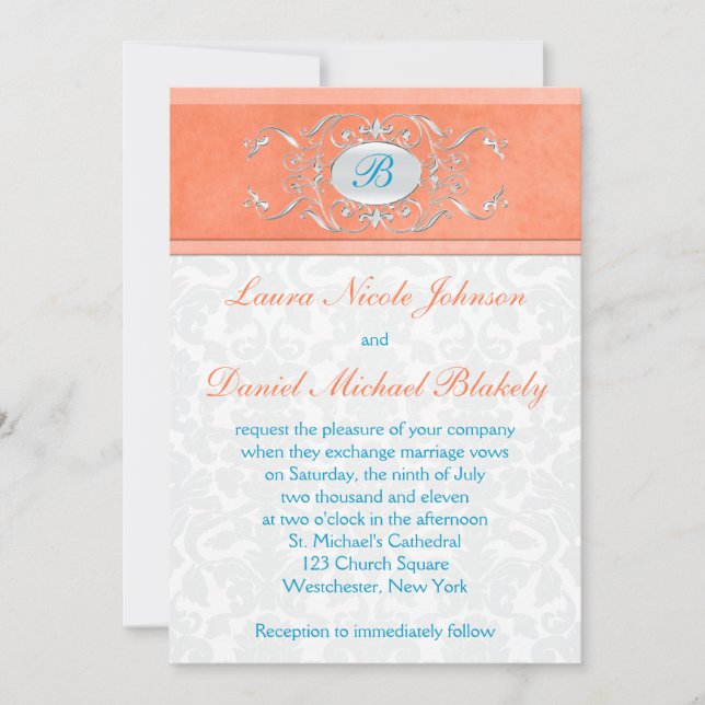 Invitation Corail, Aqua Blue, Gris Damask Monogramme Invitati (Devant)