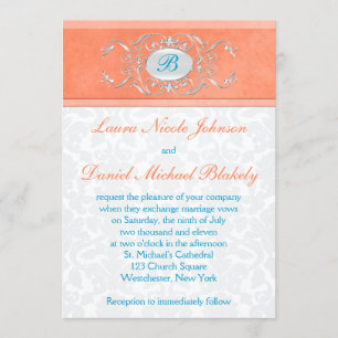 Invitation Corail, Aqua Blue, Gris Damask Monogramme Invitati