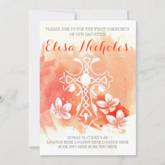 Invitation Corail aquarelle croix florale Première sainte com