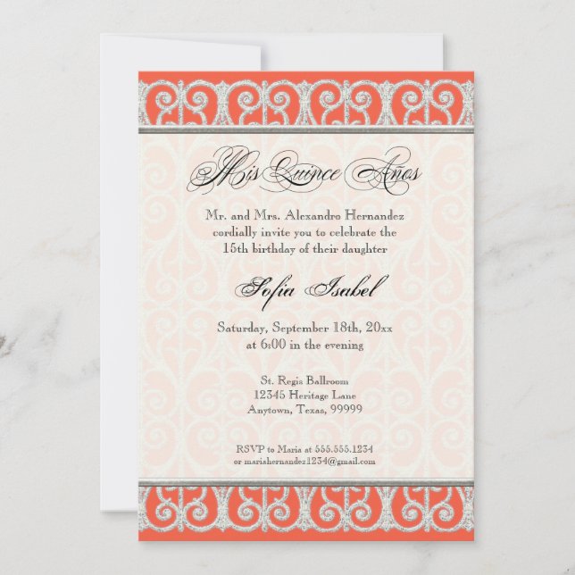 Invitation Corail & Argent, Diamants & Dentelle, Mis Quince A (Devant)