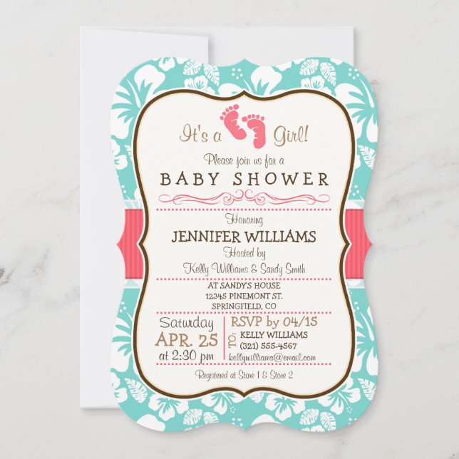 Invitation Corail, Baby shower tropical Aqua (Devant)
