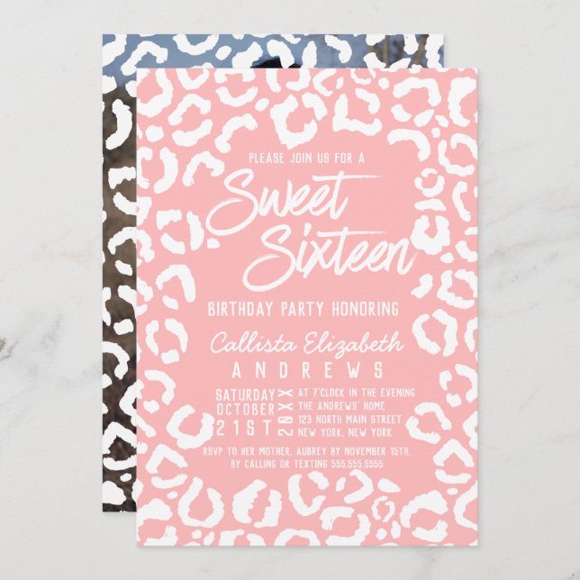 Invitation Corail blanc moderne Cheetah Leopard Sweet 16 Phot (Devant / Derrière)